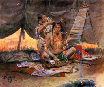  americano Pintura al %C3%B3leo - Salón de belleza Indios americanos occidentales Charles Marion Russell